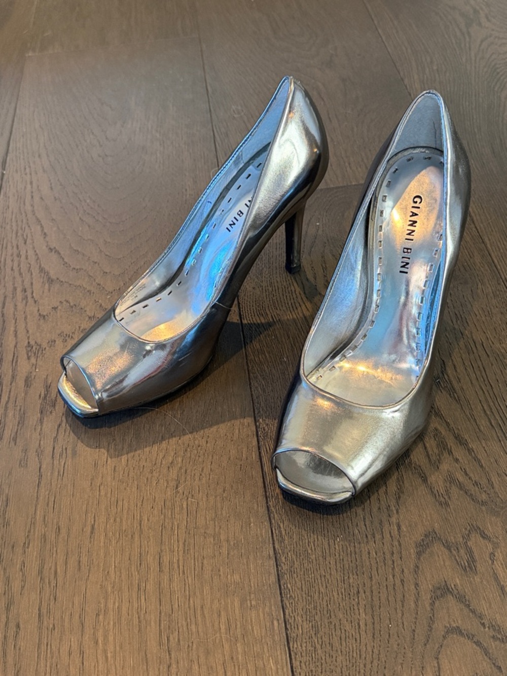 Gianni Bini Metallic Silver Peep-Toe Stiletto Heels